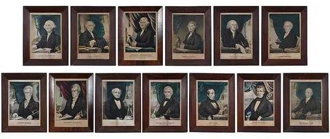 Rare group of 13 portraits from The Presidents of the United States series by Nathaniel Currier, hand colored lithographs, sold Mar 2020