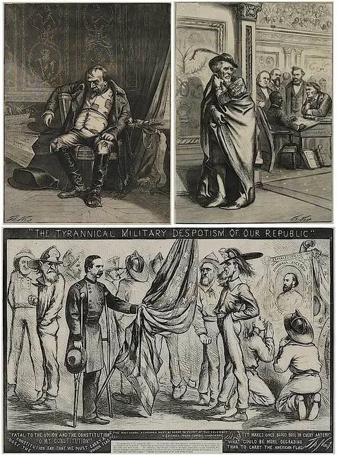 Three Harper's Weeklyÿillustrations: P. 232 Time works wonders, P. 588 Napoleon, P. 324 The Tyrannical military despotism of our republic, New York City by Thomas Nast, 1867-70, wood engravings on newsprint, sold Sep 2019