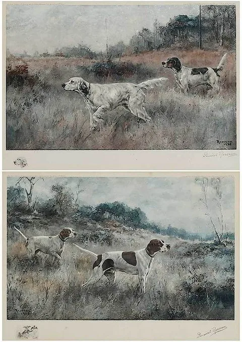 Two bird hunting scenes: Pointers in a Field, Setters in a Field by Percival Leonard Rosseau, color lithographs, sold May 2019