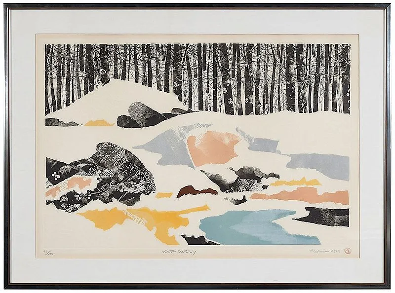 Winter Scattering by Yasu Eguchi, color woodblock, sold Nov 2018