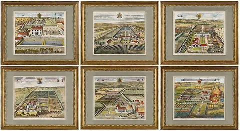 Six Views of Country Estates and Gardens, Kip, Harris, engravers by Thomas Badeslade, hand-colored engravings on laid paper, sold Nov 2018