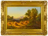 harvesting scene by Peter Leslie, oil on canvas, sold Jun 2014