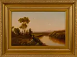landscape with three American Indians sitting on a cliff by Samuel A. Kilbourne, oil on canvas, sold Jun 2014