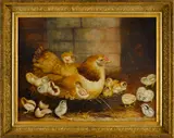 of a hen on a nest with sixteen chicks by Ben Austrian, oil on canvas, offered Apr 2014