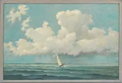 of a sailboat off the shore of the Creek Club by Eric Sloane, oil on masonite, sold Apr 2014