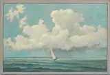 of a sailboat off the shore of the Creek Club by Eric Sloane, oil on masonite, sold Apr 2014