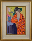 of a woman seated at a table by Itzchak Tarkay, oil on canvas, sold Apr 2014