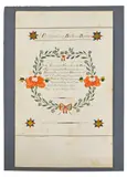 birth and baptismal certificate for Emanuel Nies by Henry Young, 1841, watercolor and ink on paper, sold Apr 2014