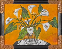 of calla lilies by Geoffrey Holder, oil on board, sold Mar 2014