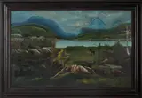 landscape with Native Americans standing by a lake with mountains in the distance by William Matthew Prior, oil on canvas, sold Mar 2014