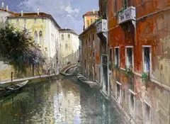 Venetian Bridge by Claudio Simonetti, oil on canvas (unstretched), sold Mar 2024