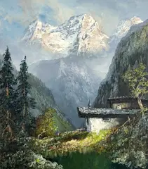 Mountain House by Herbert August Uerpmann, oil on canvas (unstretched), sold Mar 2024