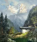 Mountain House by Herbert August Uerpmann, oil on canvas (unstretched), sold Mar 2024