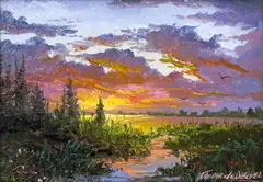 Lakeside Sunset by Thomas A. Dedecker, oil on panel, sold Apr 2024