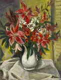 Still Life with Lilies by Albert Bela Bauer, oil on canvas, sold Apr 2024