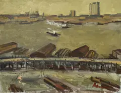 Harbor by Albert Bela Bauer, 1963, oil on canvas, sold Apr 2024