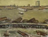 Harbor by Albert Bela Bauer, 1963, oil on canvas, sold Apr 2024