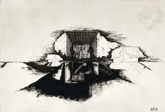 House With Curtains by Raimund Abraham, 1971, etching, sold May 2024