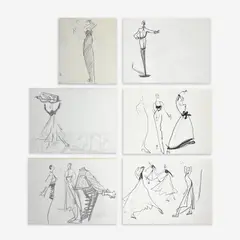 6 Illustrations for Geoffrey Beene by Joe Eula, graphite, marker, and charcoal on paper, sold May 2024