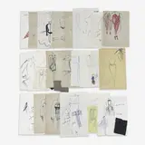 28 Fashion Illustrations by Geoffrey Beene, 1980's, marker, ink, color pencil on various paper, sold May 2024