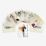 19 Illustrations for Geoffrey Beene by Jesper Nyeboe, 1980's, marker, graphite, and color pencil on vellum paper, one with watercolor on cardstock paper, sold May 2024