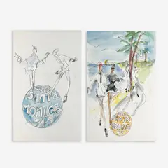 2 Illustrations for Geoffrey Beene / Santa Monica by Joe Eula, ink, watercolor, graphite, and metallic marker on illustration paper, sold May 2024