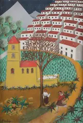 La Sortie du village by Louis Touchagues, Gouache sur carton, sold Feb 2022