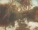 Les laveuses, 1905 - L'étang - Vieille paysanne Saintongeaise - Vieux paysan Saintongeais. 490 x 395. 365 x 455. 195 x 145. 190 x 142 by Manuel Robbe, Aquatinte en couleurs, pointe sèche en noir, sold Mar 2017