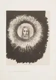 Et dans le disque même du soleil, rayonne la face de Jésus-Christ, planche X de la Tentation de saint Antoine, texte de G. Flaubert première série, 1888 (Meller by Odilon Redon, Lithographie sur chine appliqué sur vélin, sold Mar 2017