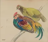 Poule et coq perchés by Raymond Bigot, Aquarelle sur papier, sold Dec 2016