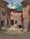 Vue de la Kasbah. Tagadirt n'Bour by Jacques Majorelle, Gouache et fusain sur carton, sold Apr 2018