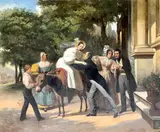 Le chaleureux accueil by Augustin François B. Desmoulins, 1834, Toile, sold Nov 2021