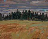 Île d'Orléans by A. Y. Jackson, 1930, oil on board, sold Oct 2016