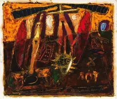 Ancient Landscape with Red Shields by Peter Aspell, 1989, oil on board, sold Aug 2016