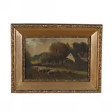 Flock of Sheep by Cottage by E. Kerler, Oil on canvas, sold Mar 2021