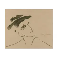 Line Drawing of a Woman in a Hat by Wayne Trapp, Ink wash on paper, sold Feb 2021