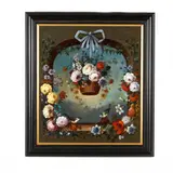 Dutch Style Floral Still Life in Archway with Songbirds by Jeannine Albert, Oil on canvas, sold Feb 2021