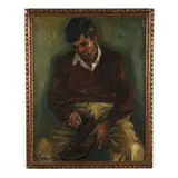 Seated Man with Shoe by Sheldon Schoneberg, Oil on canvas, sold Feb 2021