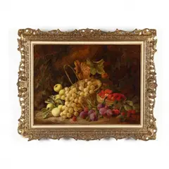 Grapes, Apples, Plums and Strawberries on a Mossy Bank by George Clare, Oil on canvas (lined), sold Jan 2021