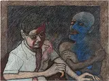 Two Characters from the Street - People with Painted Face by Jogen Chowdhury, Ink and pastel on paper pasted on board, offered Mar 2011