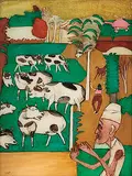 Inayat Khan Looking at Pastoral Landscape by K. G. Subramanyan, Gouache and oil on perspex sheet, sold Dec 2010