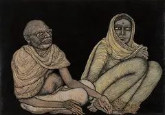 Couple I - Man and Woman by Jogen Chowdhury, Ink and pastel on paper, sold Sep 2010