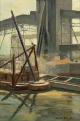 Les docks by Adrien Hébert, Huile sur toile, sold Dec 2024