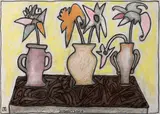 Three Flower Vases on a Table by Jogen Chowdhury, Dry Pastel on paper, sold Jun 2010