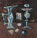 Still Life with Fruit by F. N. Souza, Oil on printed fabric, offered Mar 2010