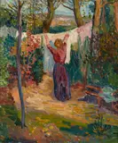 Au jardin, la lessive by Jean Misceslas Peské, Huile sur panneau, sold Apr 2023