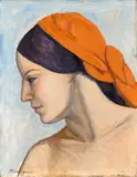 Portrait de femme au foulard orange by Simon Mondzain, Huile sur toile, sold Apr 2023