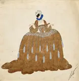 Patricienne vénitienne de la série Venise au XVIII by Romain de Tirtoff Erte, 1919, Gouache et peinture dorée sur papier, sold Apr 2023