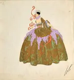 Deuxième Dame de la série Venise au XVIII by Romain de Tirtoff Erte, 1919, Gouache et peinture dorée sur papier, sold Apr 2023