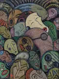 Masques by Juliette Roche, circa 1912-1914, Huile sur carton, sold Apr 2023